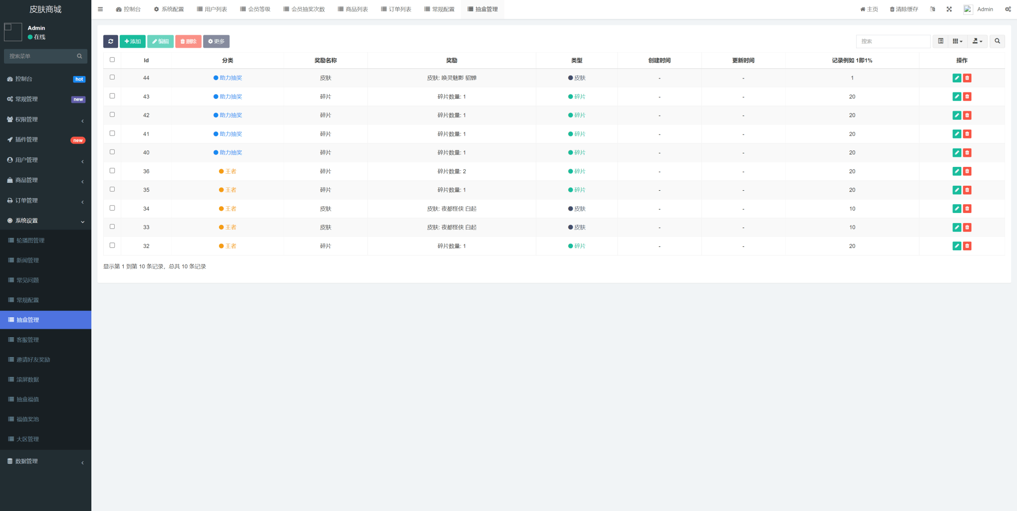 王者荣耀皮肤抽奖系统后台管理截图